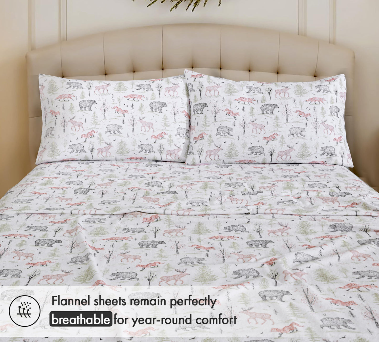 RUVANTI Flannel Sheets Queen Size - 100% Cotton Double Brushed Bed Sheets, Deep Pockets 16 Inches Queen Sheet Set, All Seasons Breathable & Extra Soft - Warm & Cozy, 4 Piece, Wildwood Tapestry