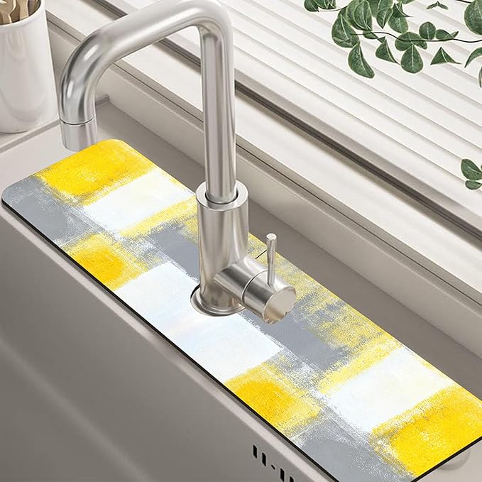 Grey and Yellow Abstract Kitchen Sink Splash Guard Mat Absorbent Fast Drying