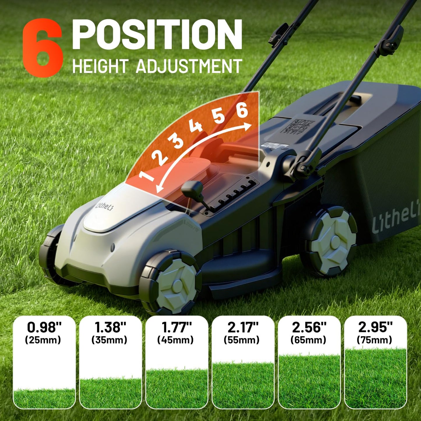 Litheli 2x20V 16 Inch Cordless Lawn Mower, Brushless Battery Powered Push Mower, 6 Adjustable Cutting Heights 25-75mm, 50L Collection Bag & Mulching, 2x5.0Ah Batteries and Charger Included
