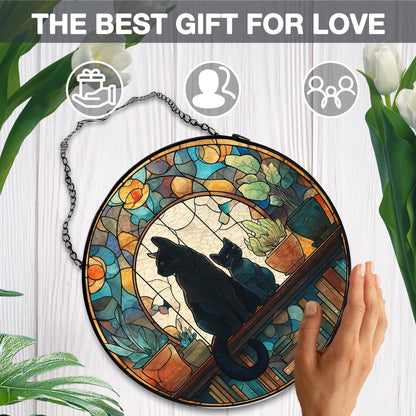 LIANGEAGOM Black Cat Book Lovers Stained Glass Window Hanging, Book Lovers Reader Gifts Suncatchers Sun Catchers Indoor Window Glass Wall Art Decorations, Black Cat Gifts for Women, 7.9x7.9in, Patio