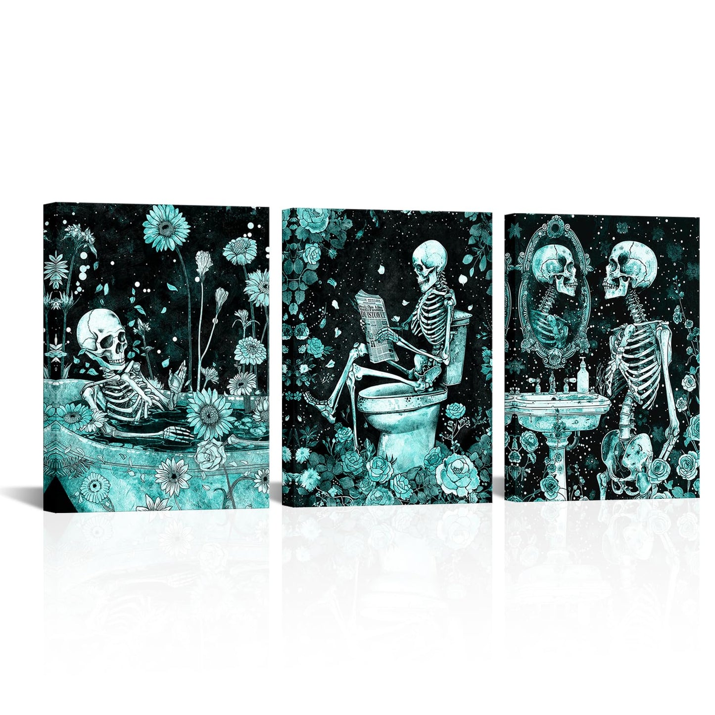 FuShvre Skeleton Bathroom Decor Moody Skeleton Wall Art Pictures for Bathroom Gothic Painting for Home Decoration Framed 12x16 inch each piece (Teal)