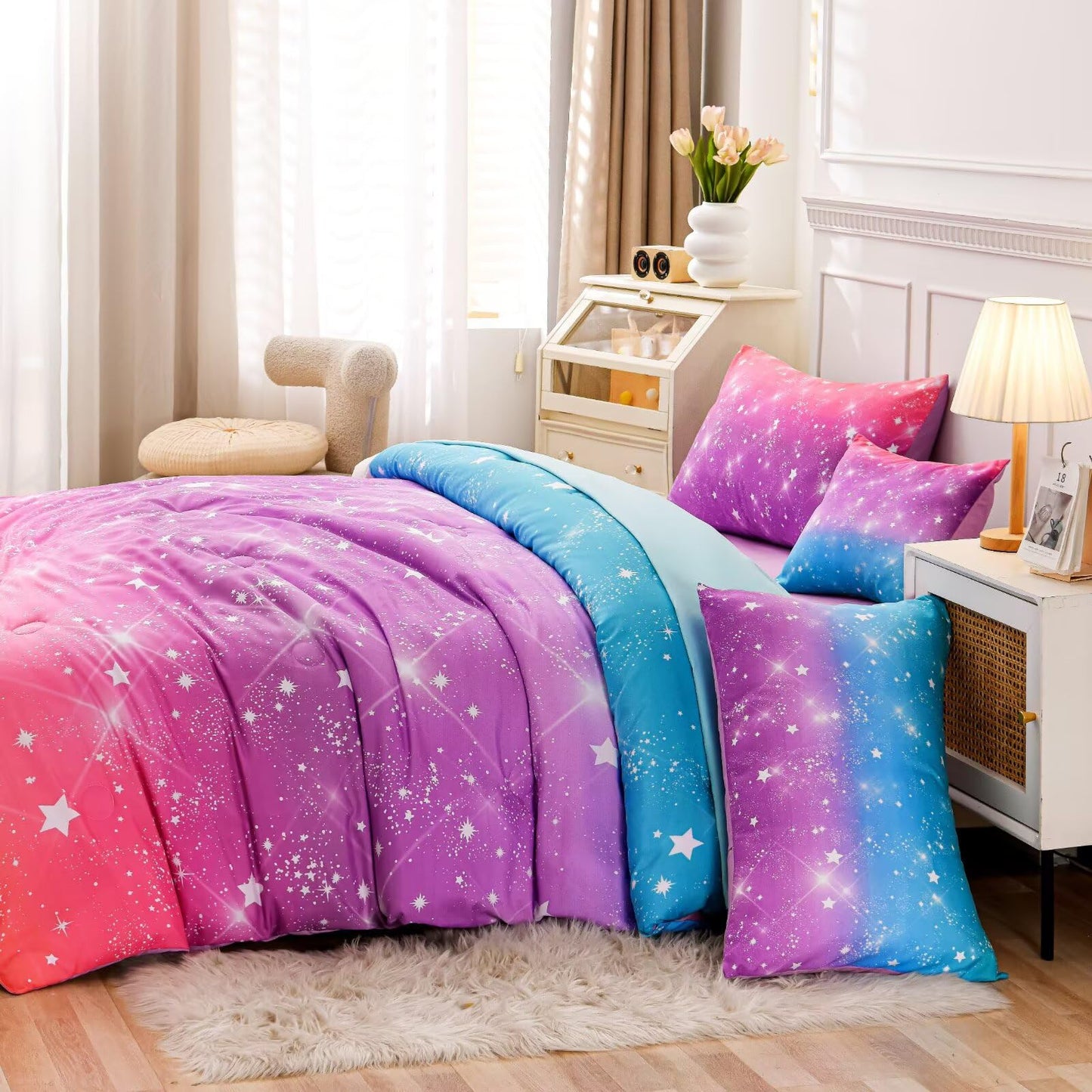 GRAT TIOC 6 Pieces Pink Purple Twin Comforter Set for Girls,Kids Glitter Galaxy Rainbow Bedding Sets Bed in A Bag (1 Comforter, 1 Flat Sheet,1 Fitted Sheet,2 Pillowcases and 1 Cushion Cover)