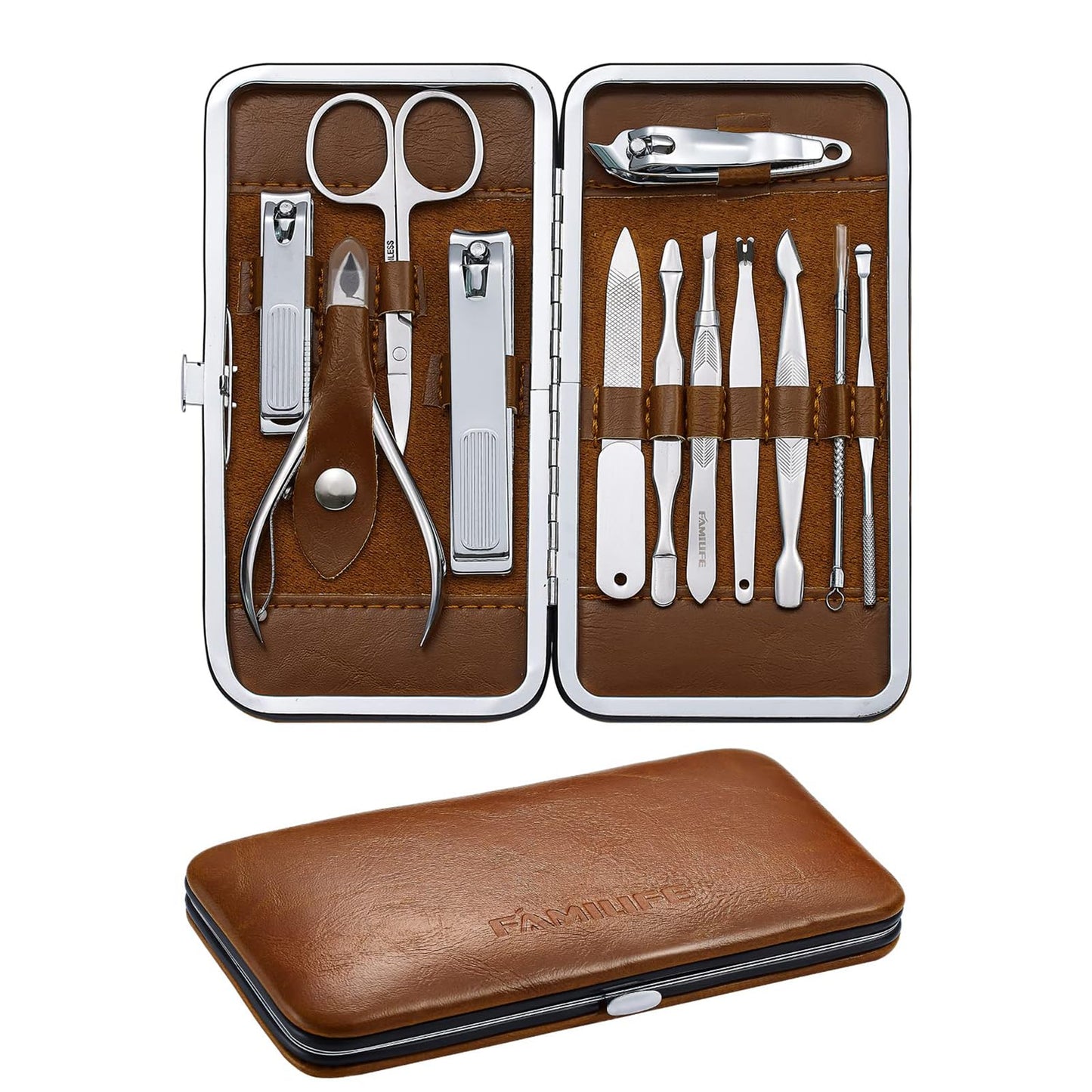 FAMILIFE Manicure Set, Nail Professional Kit Manicure Kits Nail Clipper Sets, 13PCS Stainless Steel Pedicure Sets Mens Grooming Tool, with Brown Leather Travel Case for Men