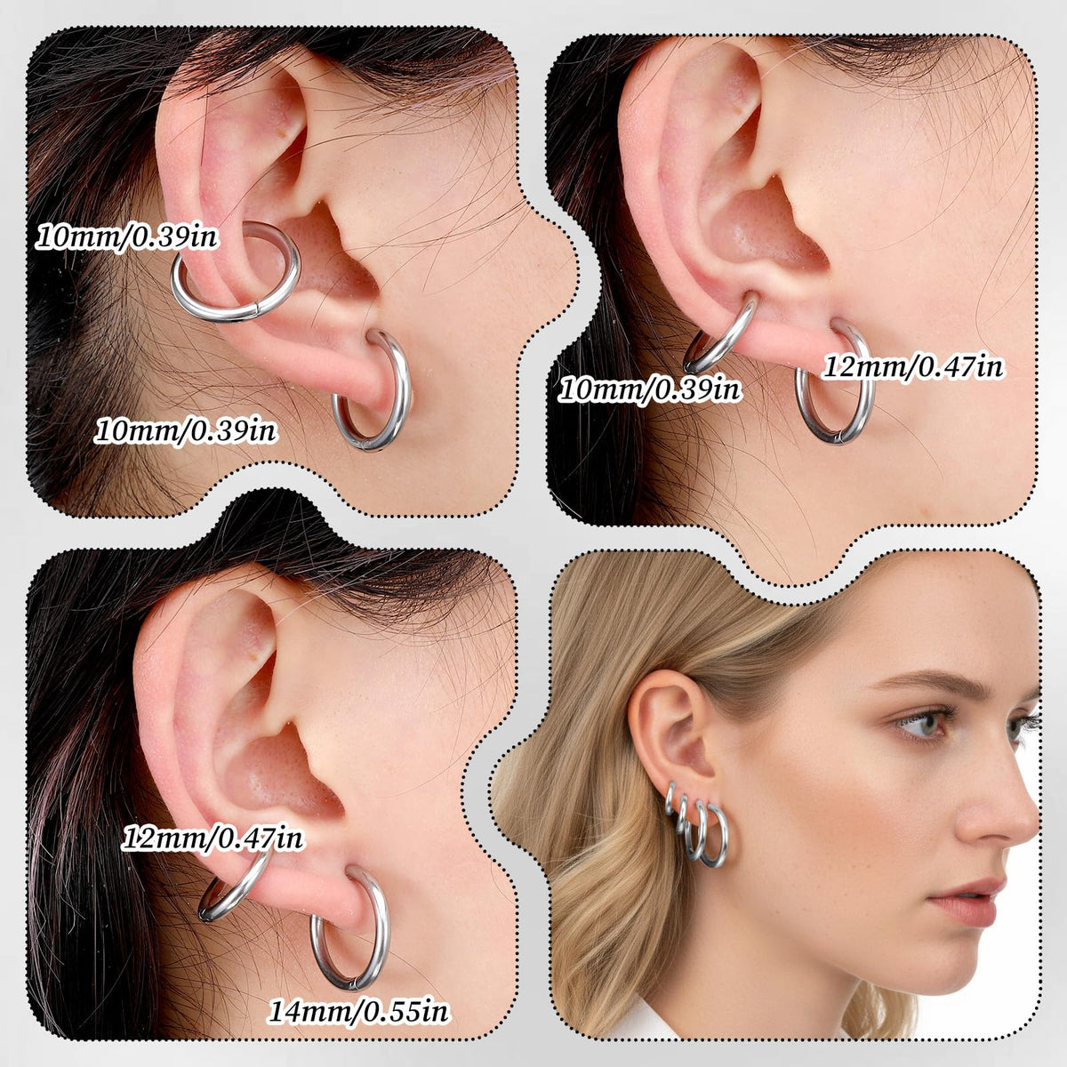 DOPENSPI 10PCS Clip On Earrings, Non Piercing Fake Earring Stainless Steel Clip On Hoop Earrings for Women Men 8mm 10mm 12mm 14mm 16mm(Silver)