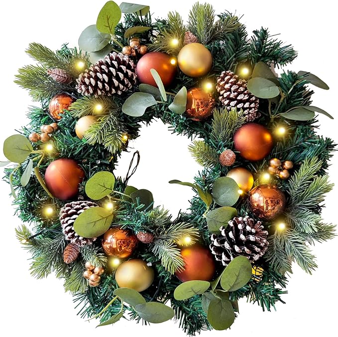 WANNA-CUL Pre-Lit 20 Inch Lighted Christmas Wreath for Front Door Decoration with Copper Gold Christmas Ball Ornaments,Battery Operated 30 LED Lights