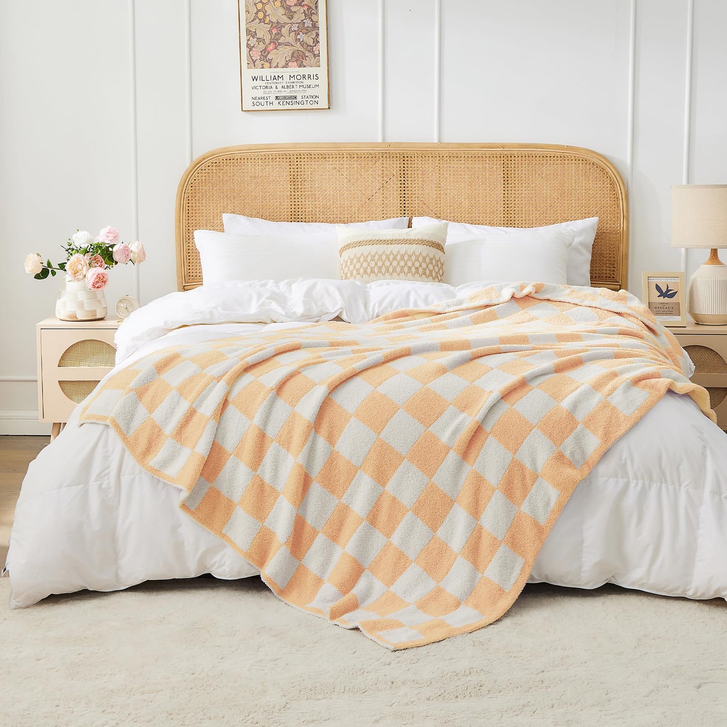 JOOJA Soft Cozy Checkerboard Peach Blanket Fluffy Knit Throw for Couch Plaid Checkered Blanket Peach 50x60 in