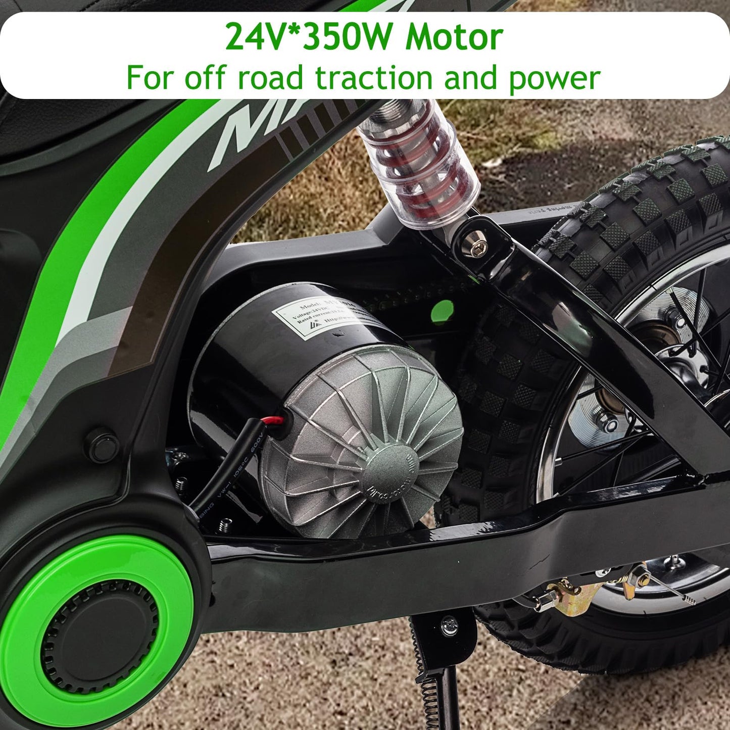 Garvee 24V 350W Kids Electric Dirt Bike - 3-Speed Modes, Up to 14.29 MPH, Off-Road Ride-On Motorcycle, Safe Metal Suspension, Shock-Proof, Max Weight 135 lbs for Boys & Girls Ages 6-12 - Green 7