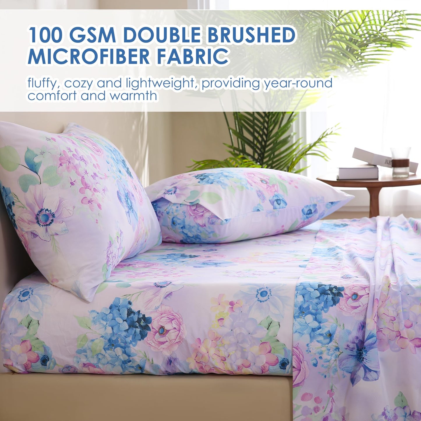 JSD Purple Hydrangea Floral Sheet Set Full Size, 4 Piece Soft Spring Printed Microfiber Bed Sheets Deep Pocket