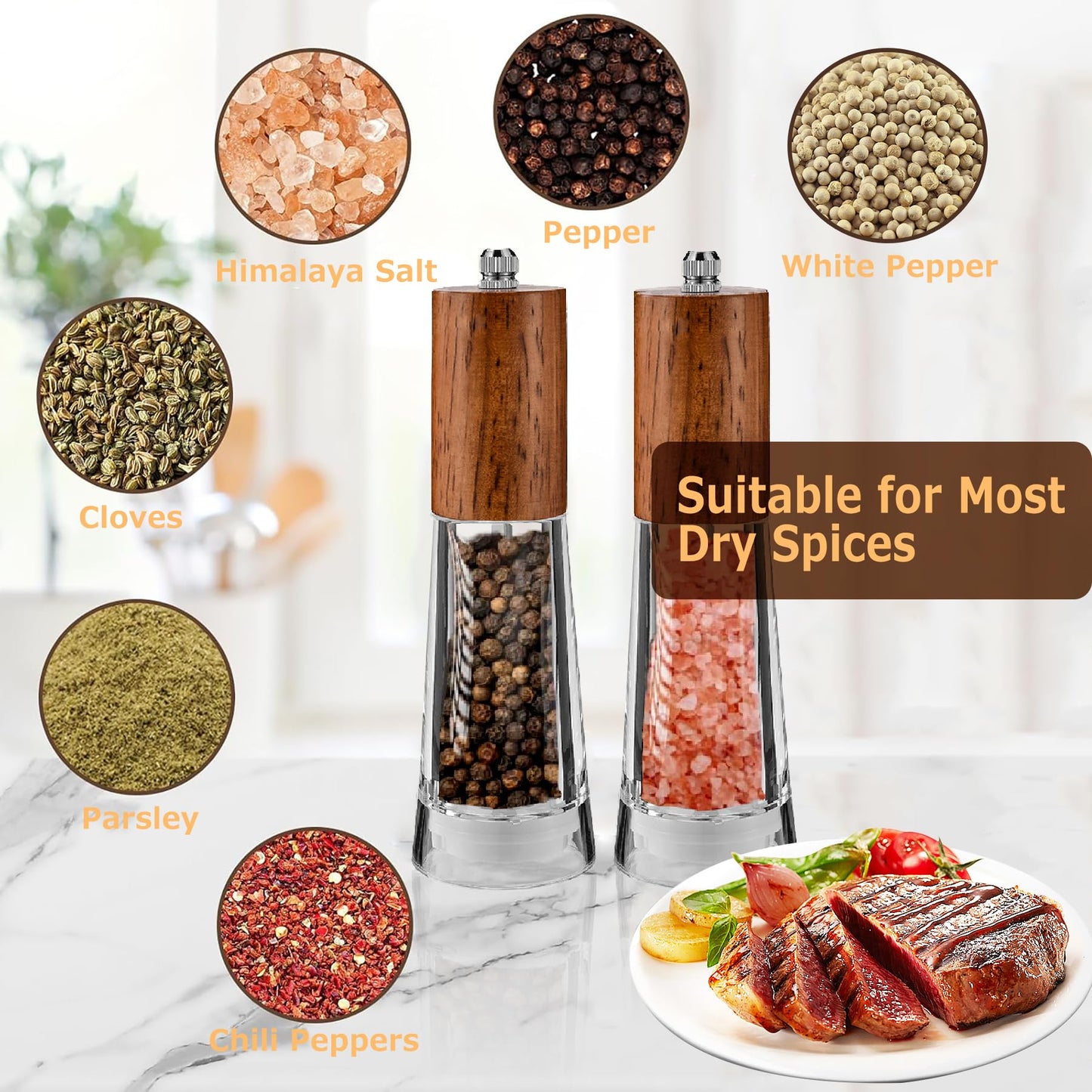 Salt and Pepper Grinder Set, Acrylic Pepper Mill with Adjustable Coarseness Wooden Pepper Grinder, Manual Salt Shake Refillable for Kitchen, Pack of 2 (Dark Wood)