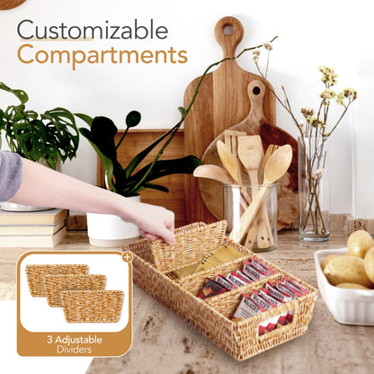 Nature-Inspired Rattan Pantry Organizer Baskets Set of 2 with 3 Removable Dividers – Handwoven Storage Bins for Kitchen or Bathroom Organization, Ideal for Snacks, Coffee & Tea (13” x 7.3” x 3.7”)