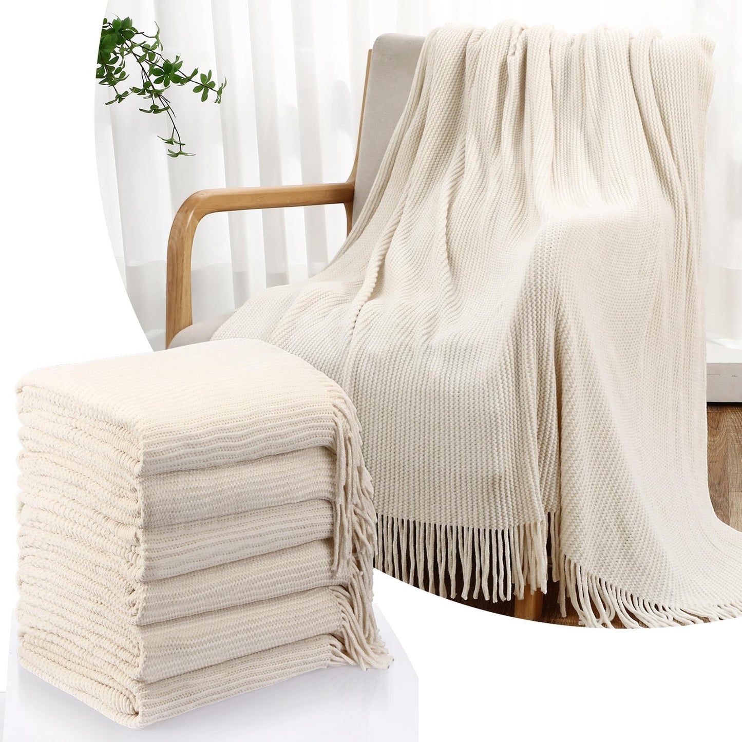 SmoothNovelty 6 Pcs Beige Boho Throw Blankets Bulk Cozy Knitted Bed Throw Blanket with Tassels Woven Textured Decorative Throw Blanket for Couch Room Sofa Bed Chair Acrylic Wave Pattern, 50" x 60"