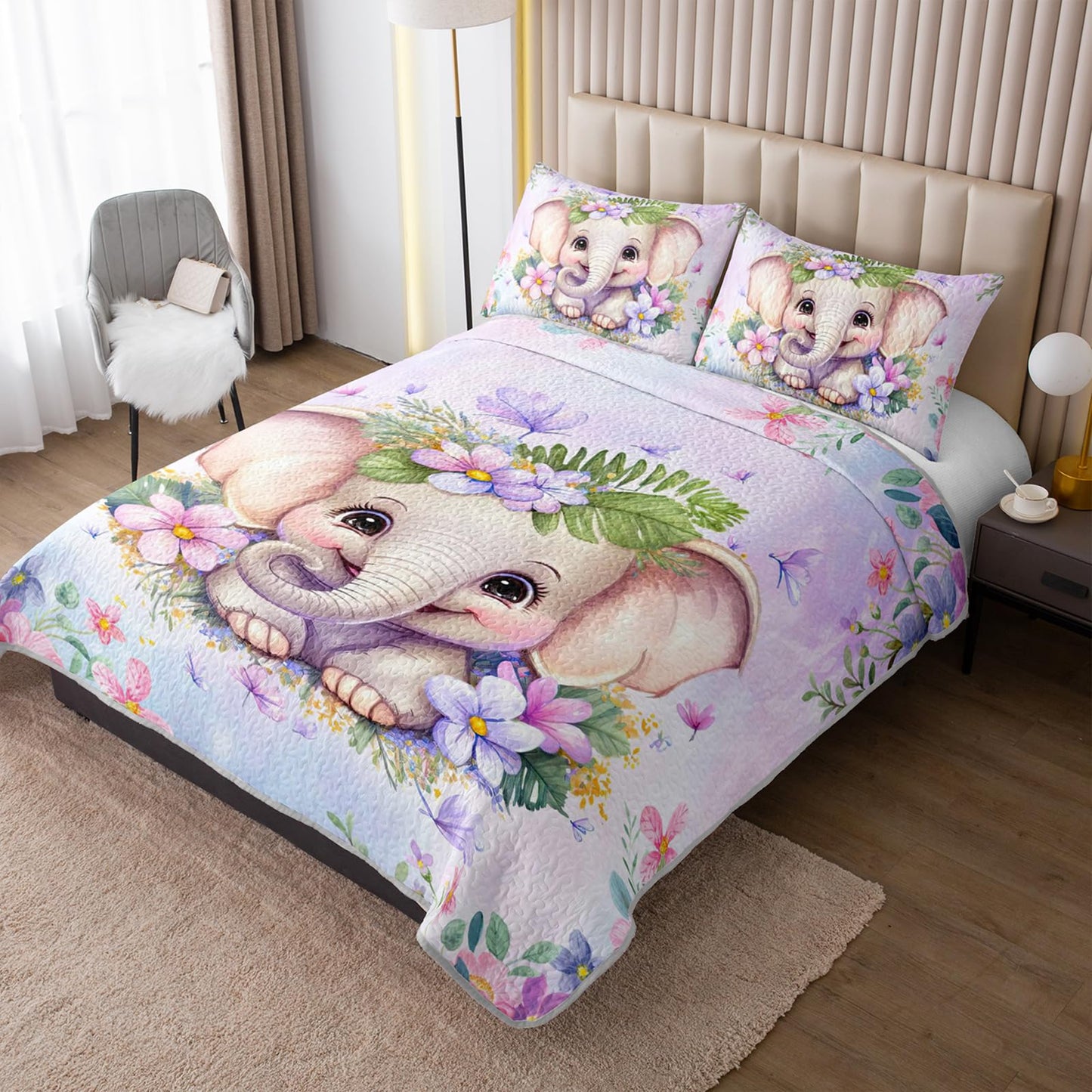 XYNHML Elephant Flowers Quilts Bedding Twin 3Pcs Wild Animals Pink Purple Kawaii Butterfly Quilt Bed Set Lightweight Soft Bedspreads Coverlet with 2 Pillowcases for Kid Boy Girl Teen Adult Bed Decor
