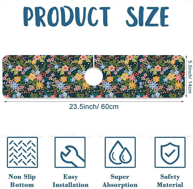 Colorful Flower Kitchen Sink Splash Guard Faucet Mat Flowers Leaves Super