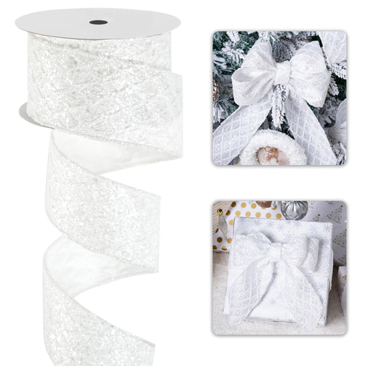 LIZLOVESS White Christmas Ribbon 2.5" Glitter Mesh Wired Ribbon for Christmas Tree White Diamond Honeycomb Ribbon for Gift Wrapping, Crafts, Wreath Supplies, Garland, Tree Topper Bows - 10 Yards