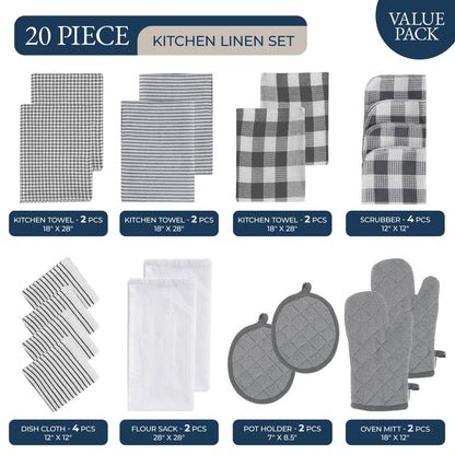 LANE LINEN Kitchen Towels and Oven Mitt Set 20 Pc - Lint Free Cotton Dish Towels for Kitchen Drying, Cozy Terry Dish Rags, Flour Sack Towels for Sourdough Bread Proofing & Quilted Pot Holders - Grey