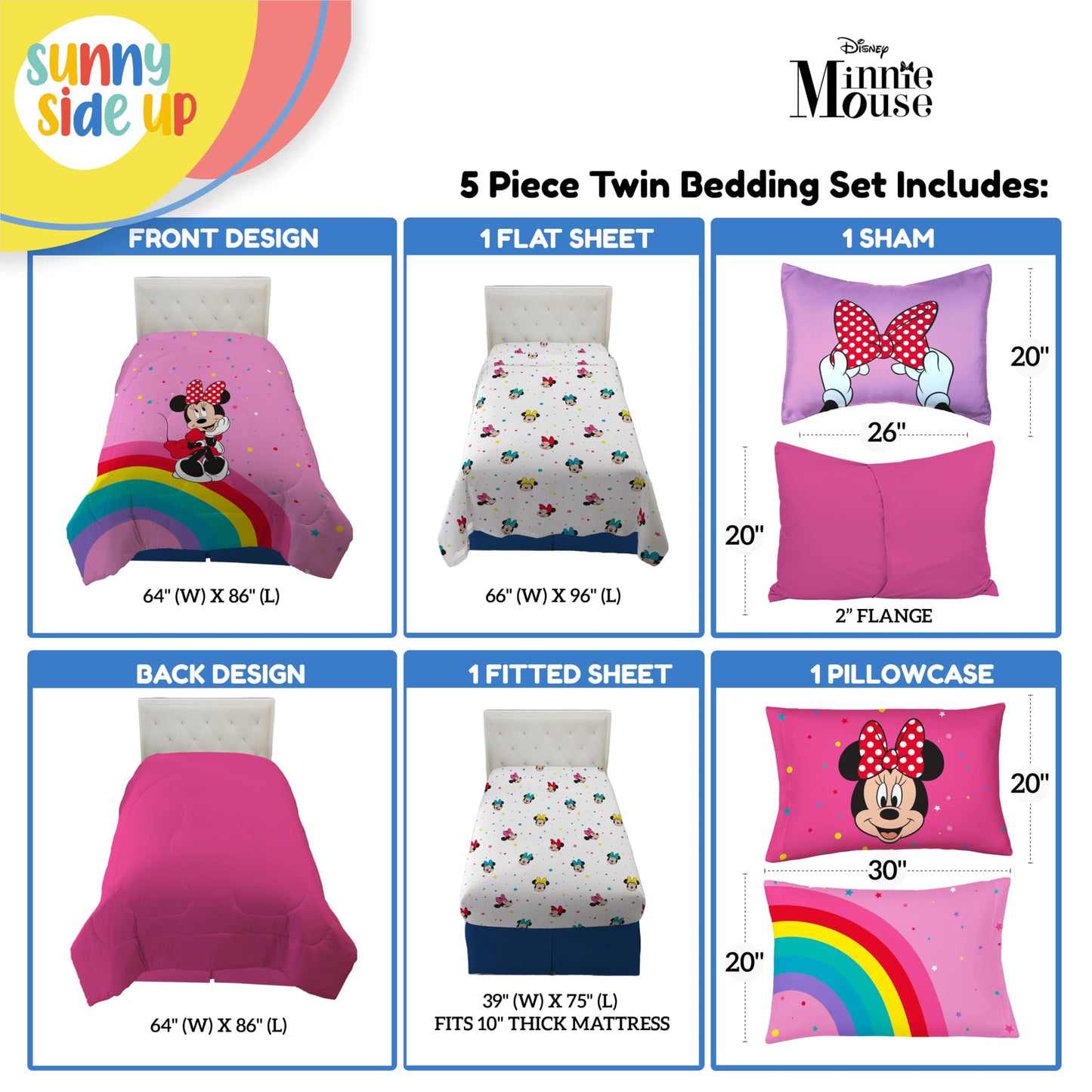 Disney Minnie Mouse Kids Comforter Set Twin - 5 Piece Girls Bed in a Bag, Reversible Comforter, Sheets, Pillowcase & Sham - Super Soft Machine Washable Fade Resistant Microfiber, Oeko-TEX Certified