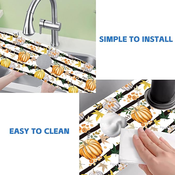 Thanksgiving Sink Faucet Absorbing Mat Autumn Pumpkin Floral Absorbent Fast