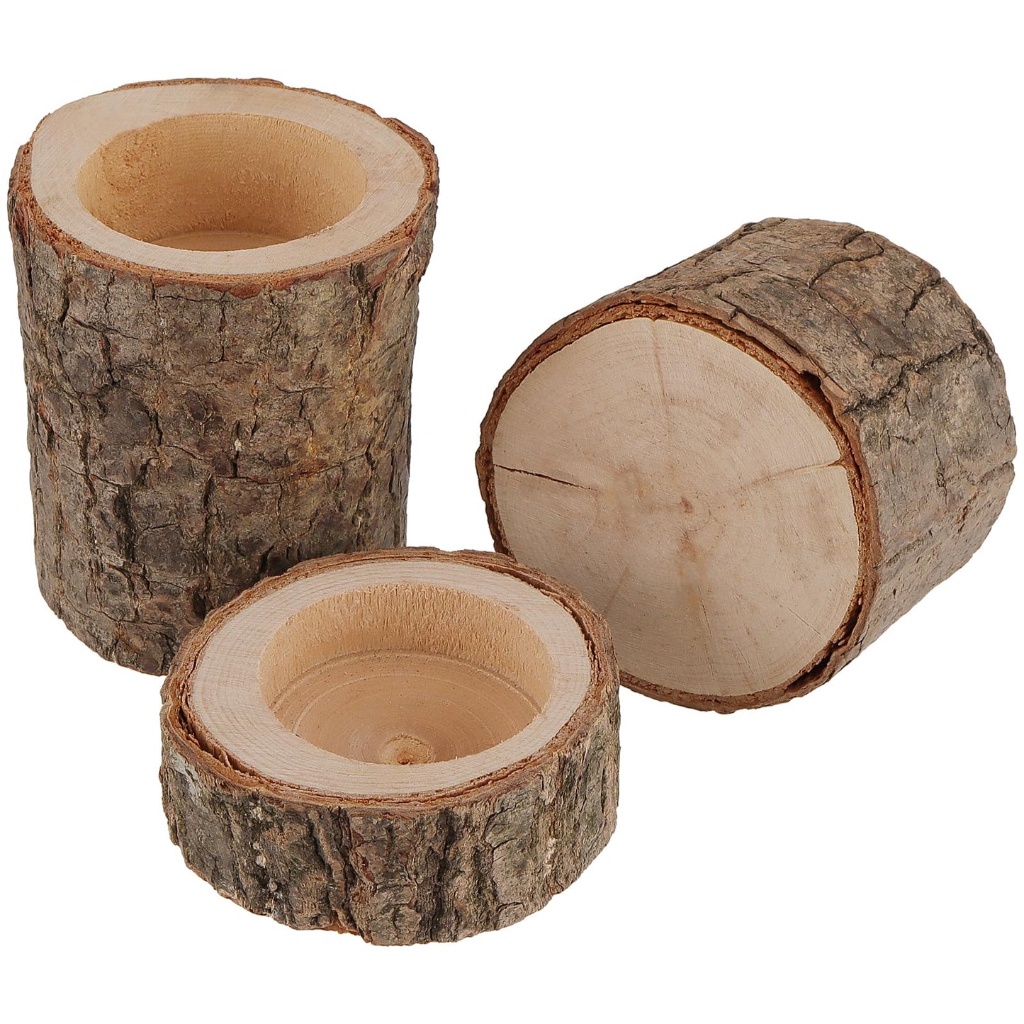 FUNSUEI 18 PCS Wooden Tea Light Candle Holders, Rustic Wood Votive Log Candle Holders, Rustic Wood Votive Candle Holder for Table Decoration, 3 Sizes