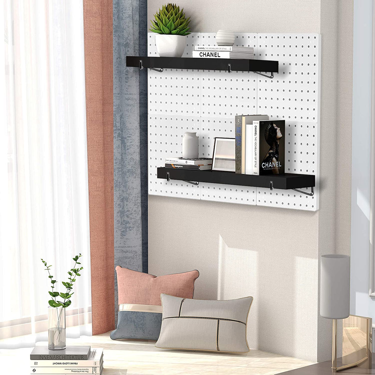 HJW Pegboard Shelf Black, 4 Pack Wooden Pegboard Shelves with Metal Pegboard Shelf Brackets Pegboard Hooks, for Craft Room, Home, Kitchen, Garage