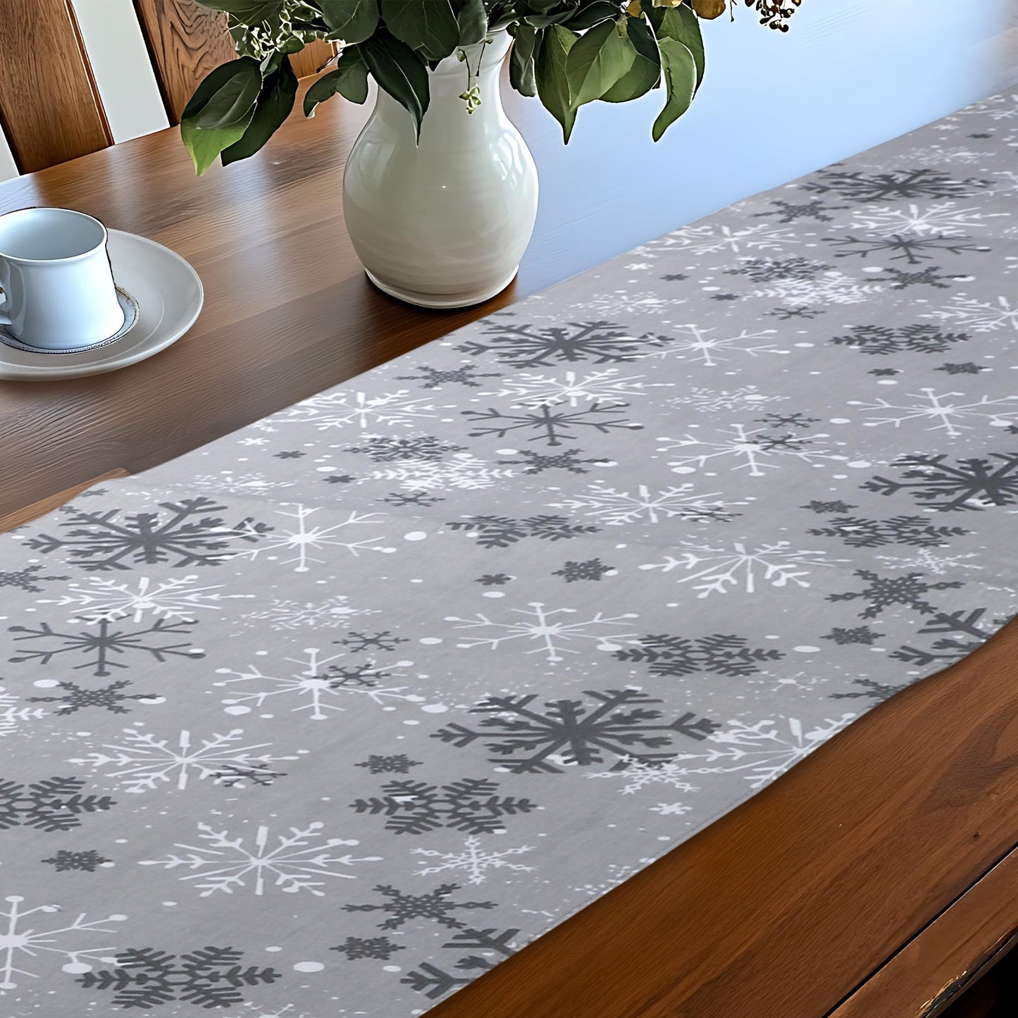 Urban Villa Christmas TableRunner Grey Snowflake Table Runner 14”x72” 100% Cotton Over Sized Runner Heavier Quality Table Runner for Christmas Celebrations Dining WeddingDinner Parties Everyday Use