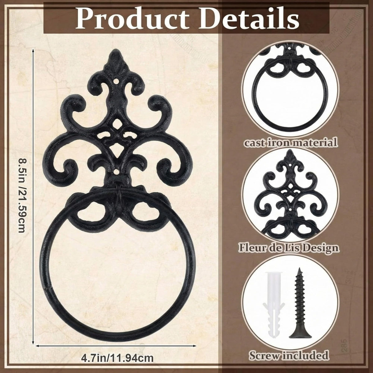 Otoolling 1 Pc Black Vintage Cast Iron Solid Towel Ring Fleur De Lis Design Antique Towel Holder for Bathroom Kitchen Accessories Wall Mounted Christmas Party Gifts