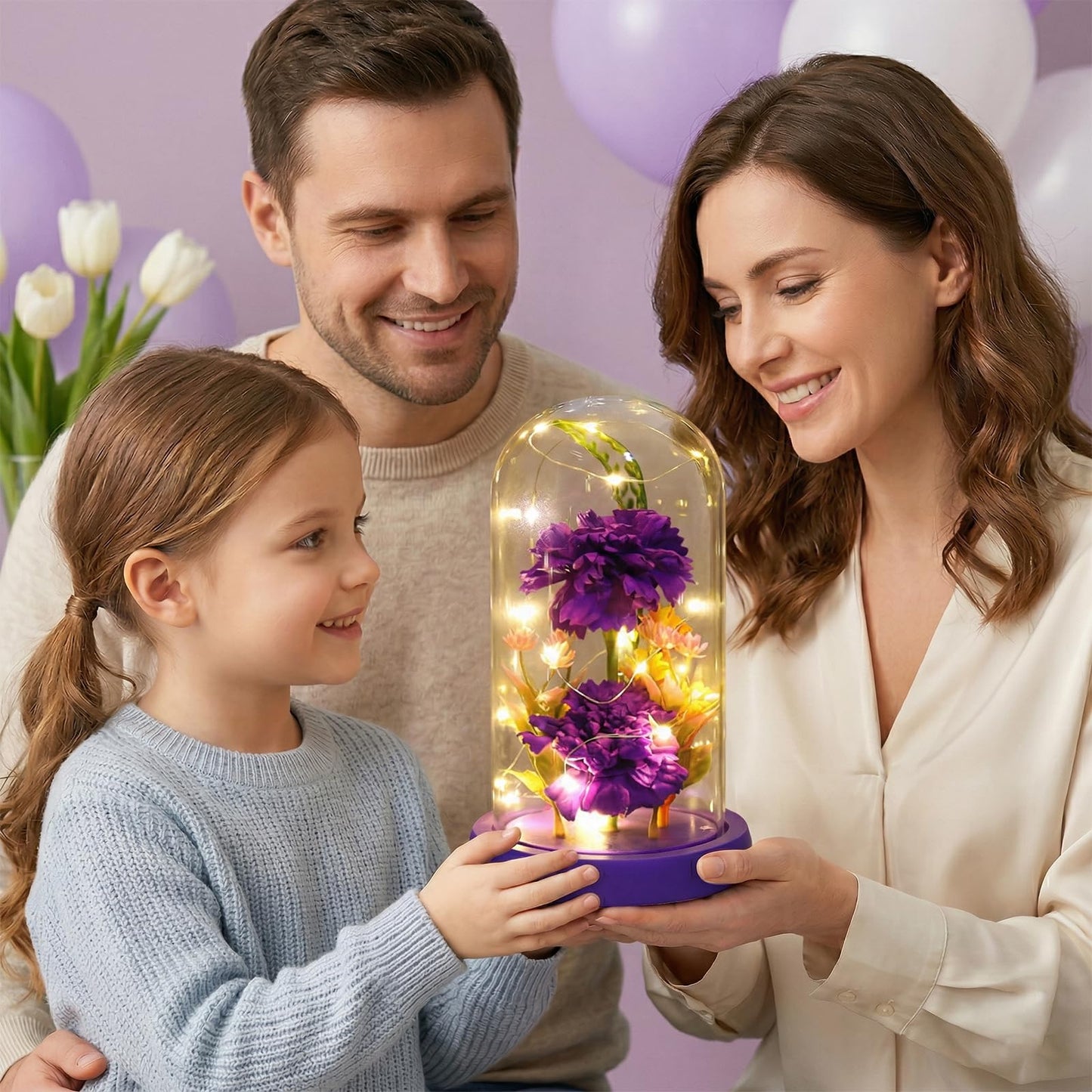 Strackvial Galaxy Glass Carnation Forever Preserved Flower with Light, Valentines Day Birthday Gift for Women, Mom, Wife, Girlfriend, Light Up Carnation in Glass Dome for Mothers Day