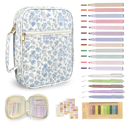 Szcxyy Bible Cover Case for Women,Bible Study Supplies Accessories,Bible Journaling Kit,Blue Flower Carrying Case with Highlighters