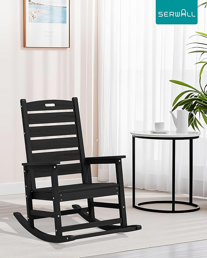 SERWALL Outdoor Rocking Chair Set of 2, Oversized Rocking Chair with Footboard for Adults, HDPE All Weather Resistant Rocking Chairs for Patio, 350lbs Weight Capacity, Black