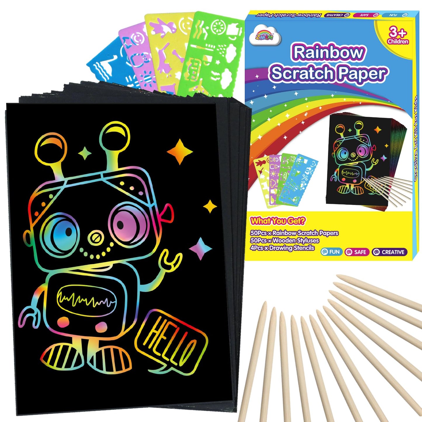 ZMLM Scratch Art Crafts Boys Gifts, 100pcs Rainbow Scratch Paper Art for 3 4 5 6 7 8 9 Years Old Girls and Boys Kids, Arts and Crafts for Kids 4-6 Christmas Gifts Toys and Party Favors (Blue)