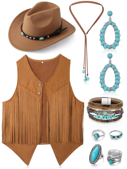 Suhine 9 Pack Western Outfits for Women Cowgirl Fringe Vest Boho Cowboy Hat Turquoise Jewelry Kit for Halloween Costume(Small,Khaki)