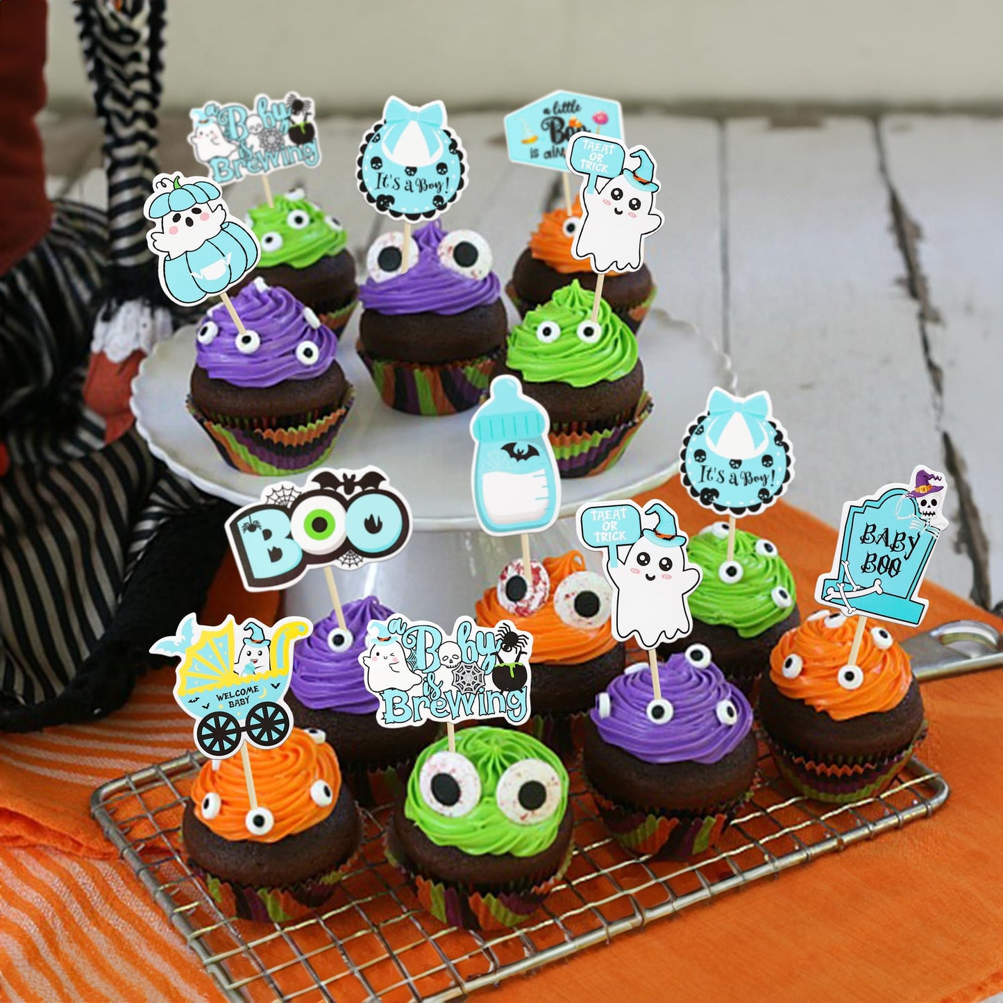 Gyufise 36Pcs Baby Shower Halloween Cupcake Toppers Ghost Bat A Baby is Brewing Cupcake Picks Baby Boo It's a Girl Cake Decorations for Halloween Theme Baby Shower Girls Birthday Party Supplies Blue