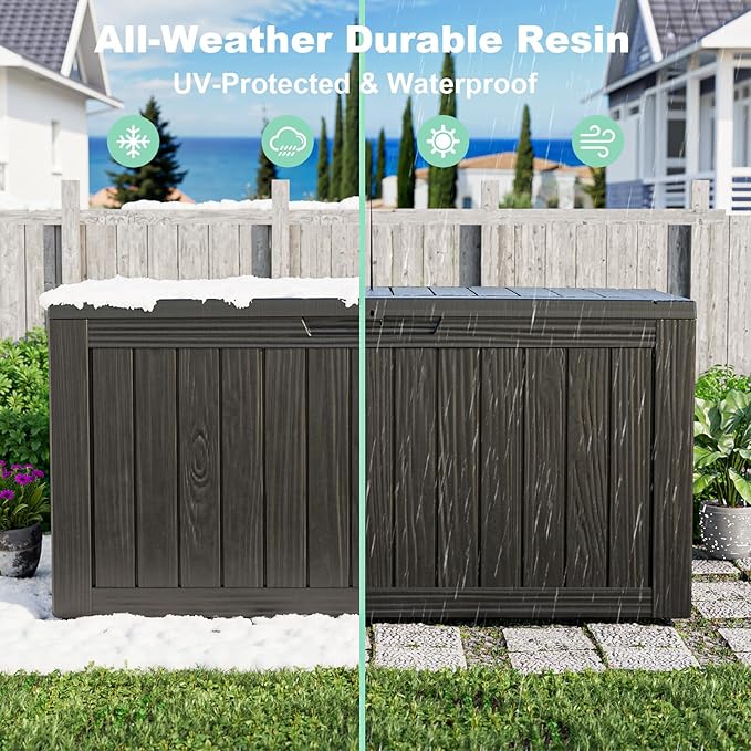 90 Gallon Waterproof Resin Deck Box, UV Resistant Outdoor Storage for Garden, Patio, Porch, Delivery（Black，90 Gallon）