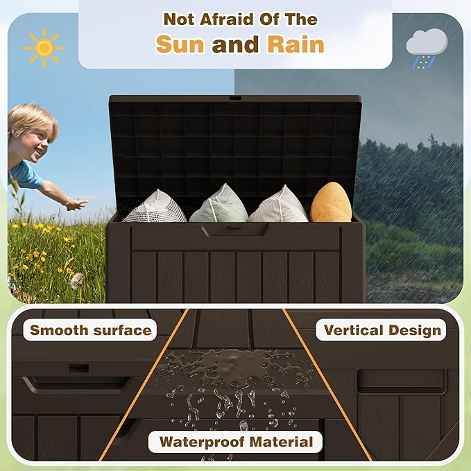 Flamaker Resin Deck Box 40 Gallon Waterproof Outdoor Indoor Storage Box Imitation Wood Resin for Patio Furniture Garden Tools and Pool (Deep Brown)