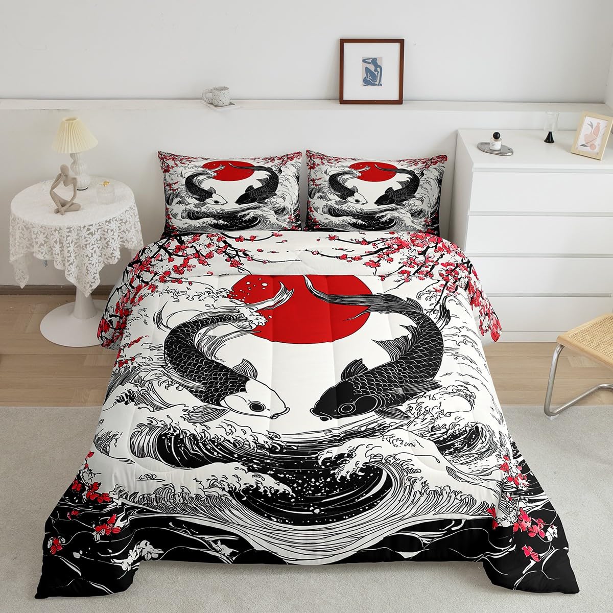 Feelyou Ocean Wave Fish Bedding Set for Kids Boys Girls Queen Size Cherry Blossoms Comforter Set Ultra Soft Exotic Comforter Japanese Ukiyoe Theme Duvet Quilt Bedroom Decor Sunset Quilt