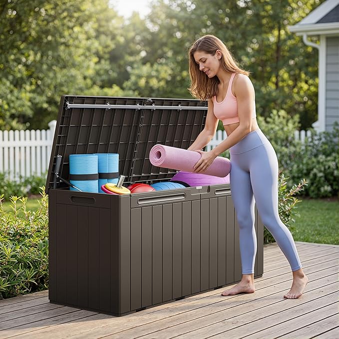 Greesum 110 Gallon Outdoor Storage Box with Lockable Lid, All-Weather Solution for Patio Furniture, Pool Supplies & Garden Tools, Waterproof, UV-Resistant Large Deck Box, Brown