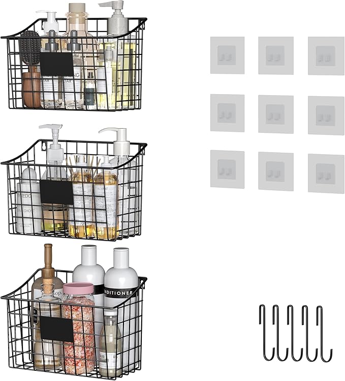 Wall Mounted Bin Basket with 5 Hooks 3 Label Plate Adhesive-3 Pack, Cabinet