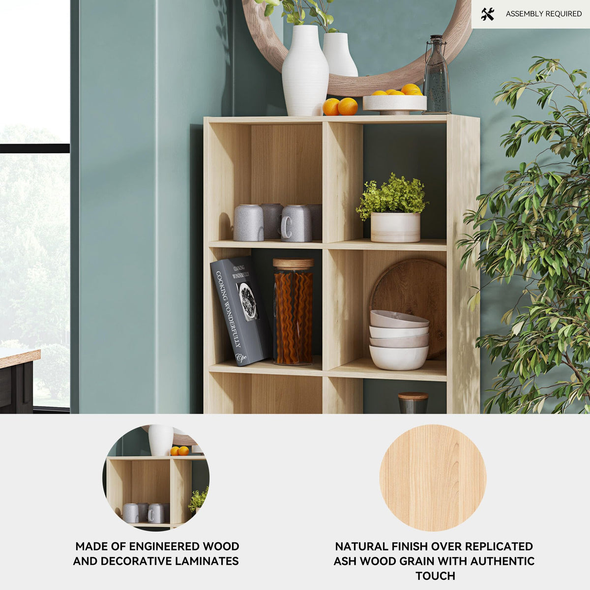 Signature Design by Ashley Piperton 8 Cube Storage Organizer, Natural Finish Over Replicated Ash Wood Grain, Vertical Floor Mount Cubbies for Living Room or Home Office, Light Brown