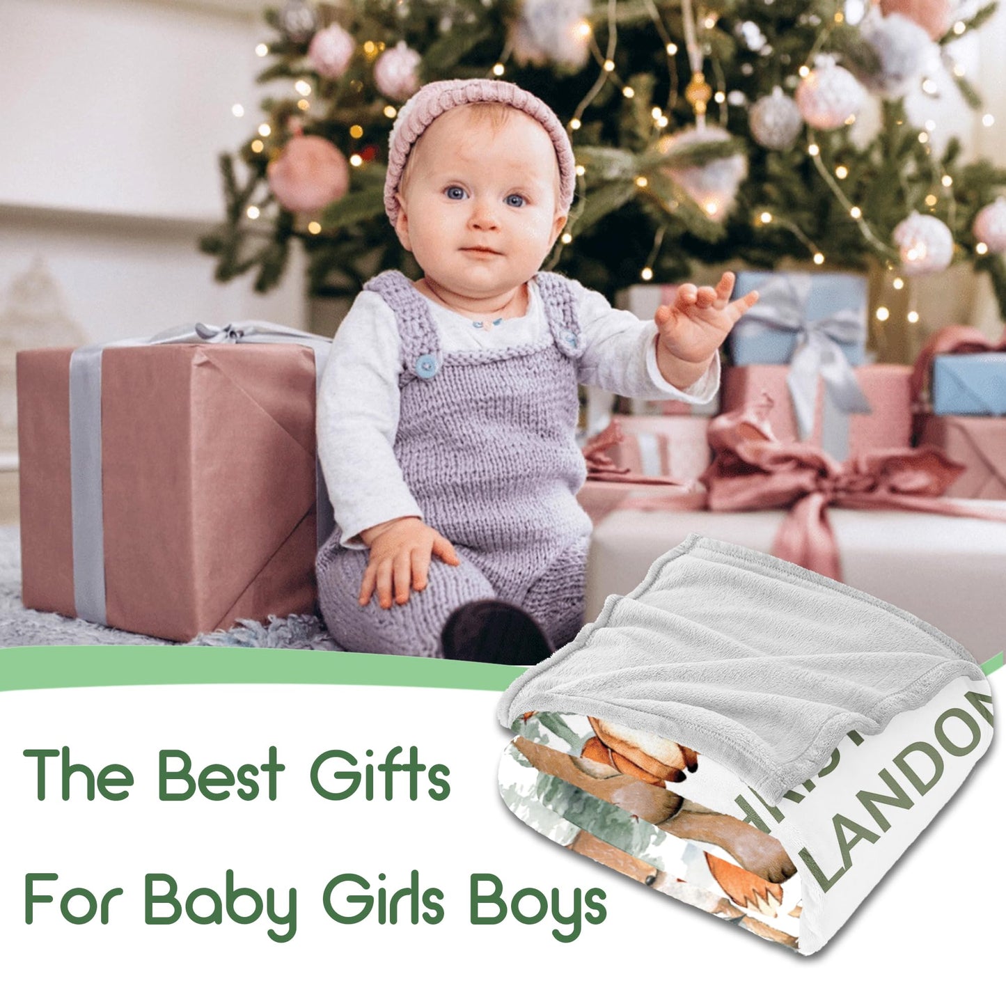 Personalized Baby Blanket with Name, Custom Woodland Kids Blankets for Boys, Customized Receiving Blankets for Boys Baby Shower Christmas Birthday Gifts, Soft Newborn Blanket