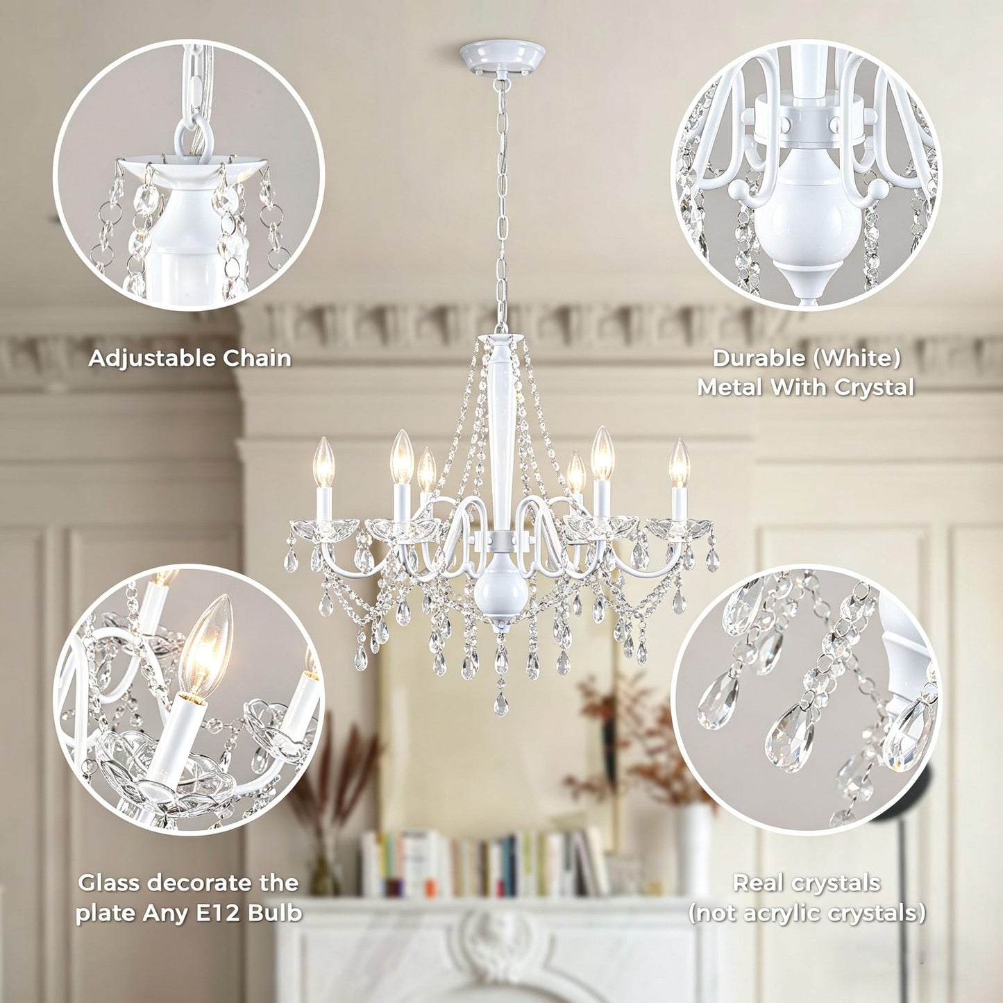 White Crystal Chandelier, 6-Light Modern Chandelier for Dining Room Light Fixture, Elegant Crystal Pendant Ceiling Light Fixture, 25" French Candle Chandelier for Bedroom Living Room Kitchen Entryway