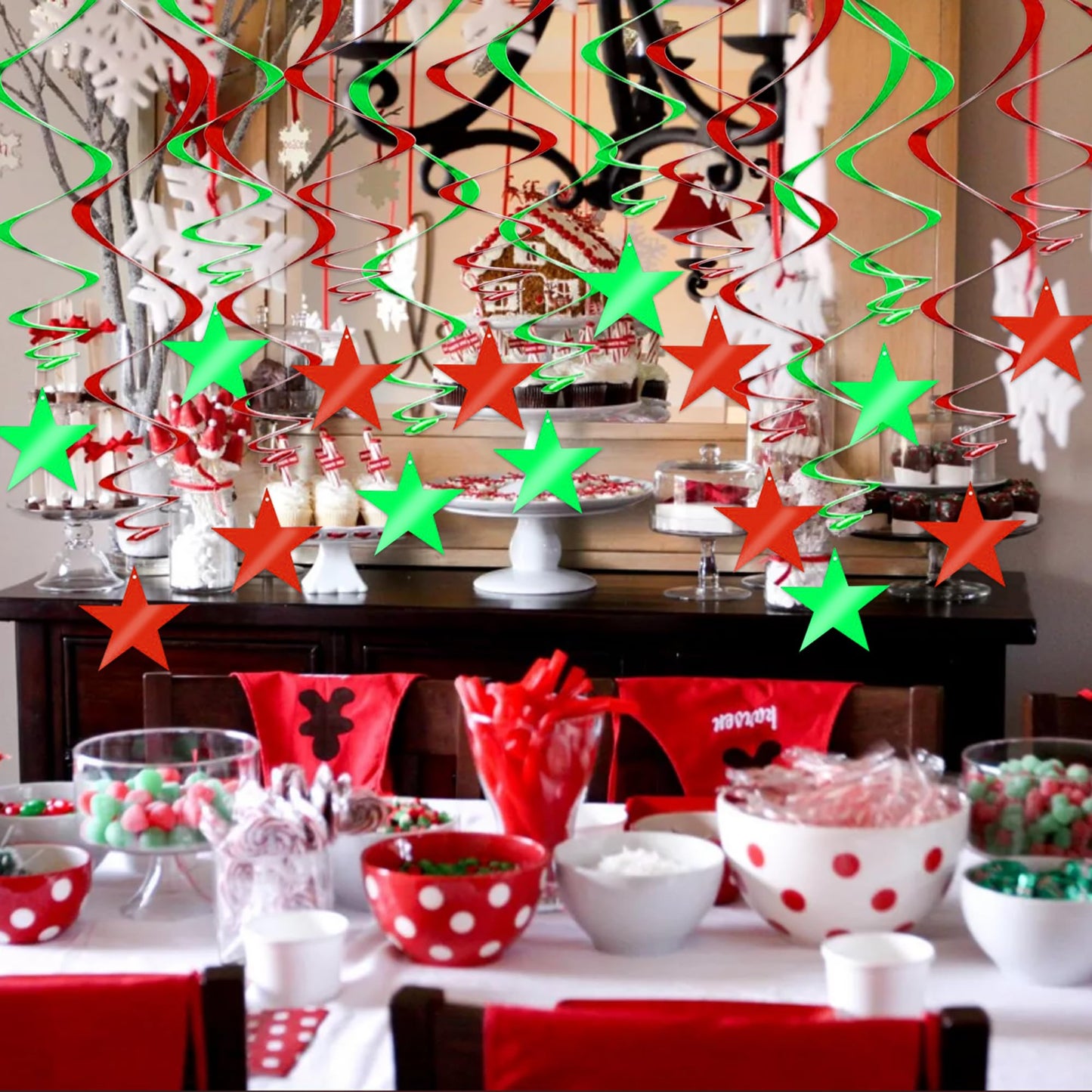 BEISHIDA Red Green Star Hanging Swirl Christmas Decorations Ceiling Hanging Party Supplies for Christmas Birthday Wedding Decorations, Pack of 15