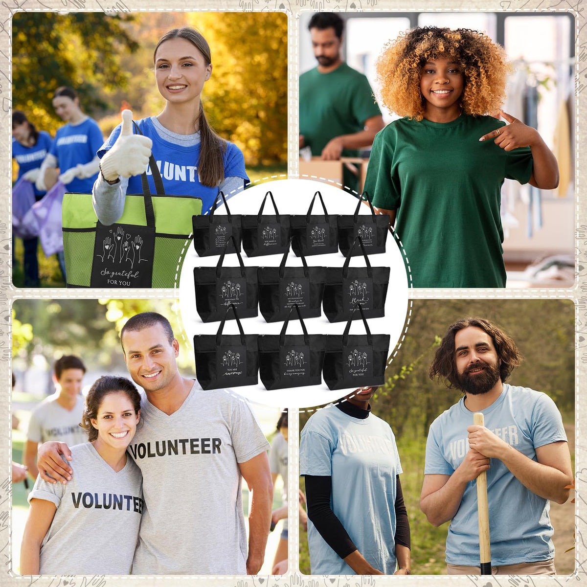 Paterr 10 Pcs Volunteer Appreciation Gifts Bulk Large Tote Bags with Zippered Mesh Pocket Inspirational Gift for Women Men(Black)