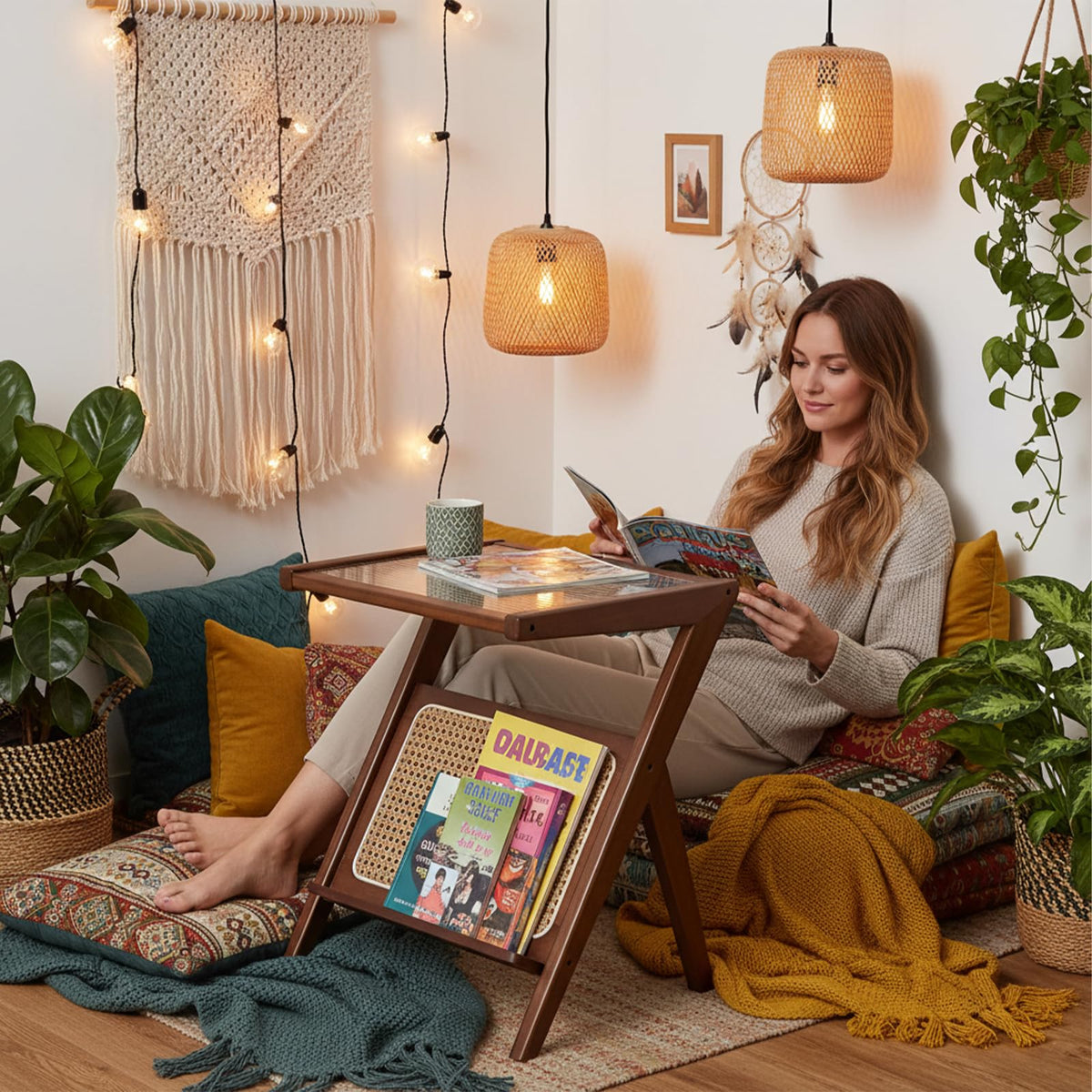 Tiita Rattan Nightstand Side Table, Bamboo Accent Bedside Tables, Glass Coffee Tables, Boho Wooden End Table with Storage for Small Space, Living Room and Bedroom