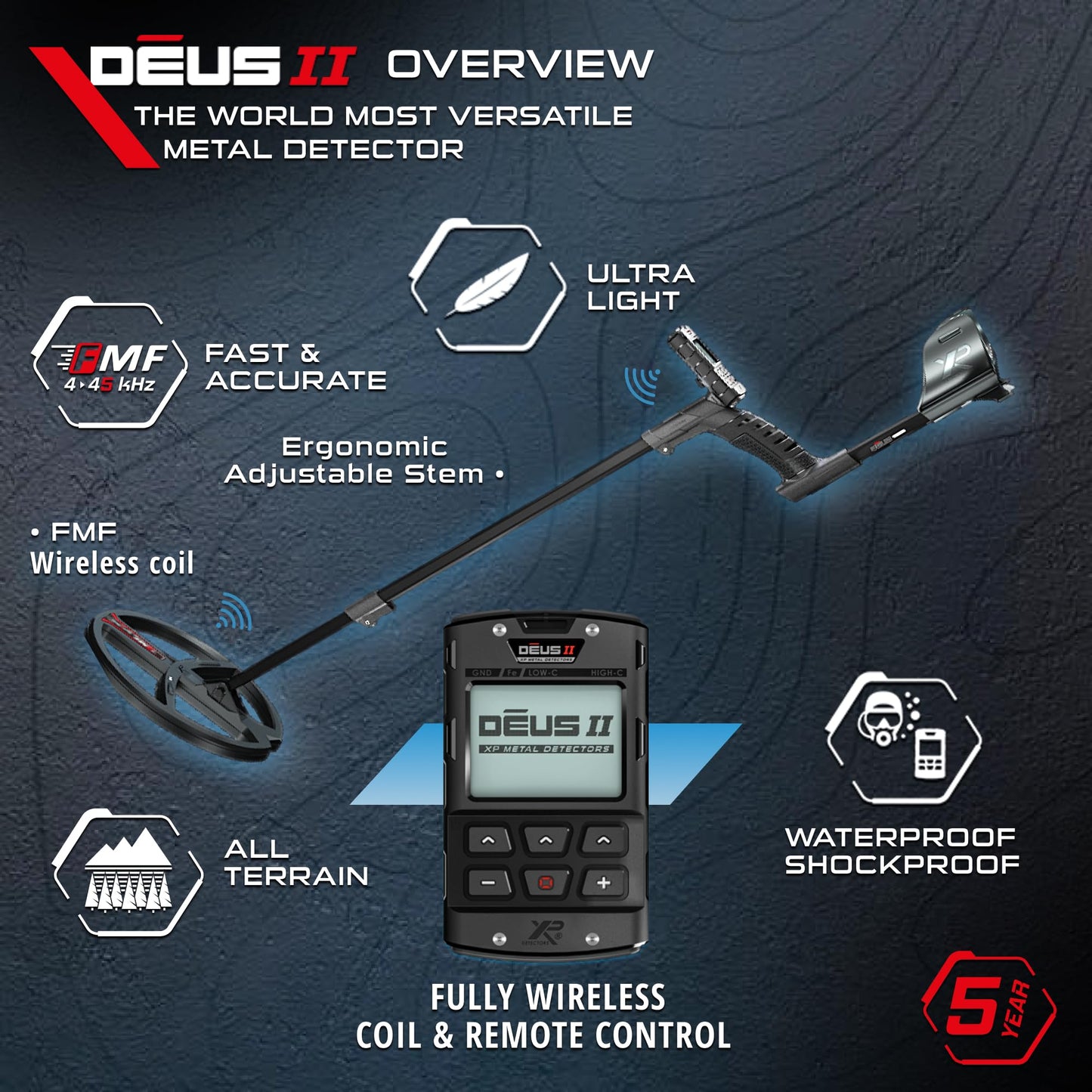 XP Deus II RC Metal Detector - 22 FMF Coil (9") - for Treasure and relic Detection - for All Terrain, XP Deus II Remote Control, S-Telescopic stem (DEUS2-22FMFRCEA)