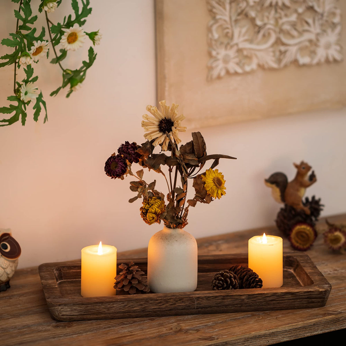 Hanobe Wooden Tray for Candle Decorative: Wood Rustic Long Centerpiece Trays Rectangle Narrow Farmhouse Decor for Dining Coffee Table Kitchen Fireplace Mantle