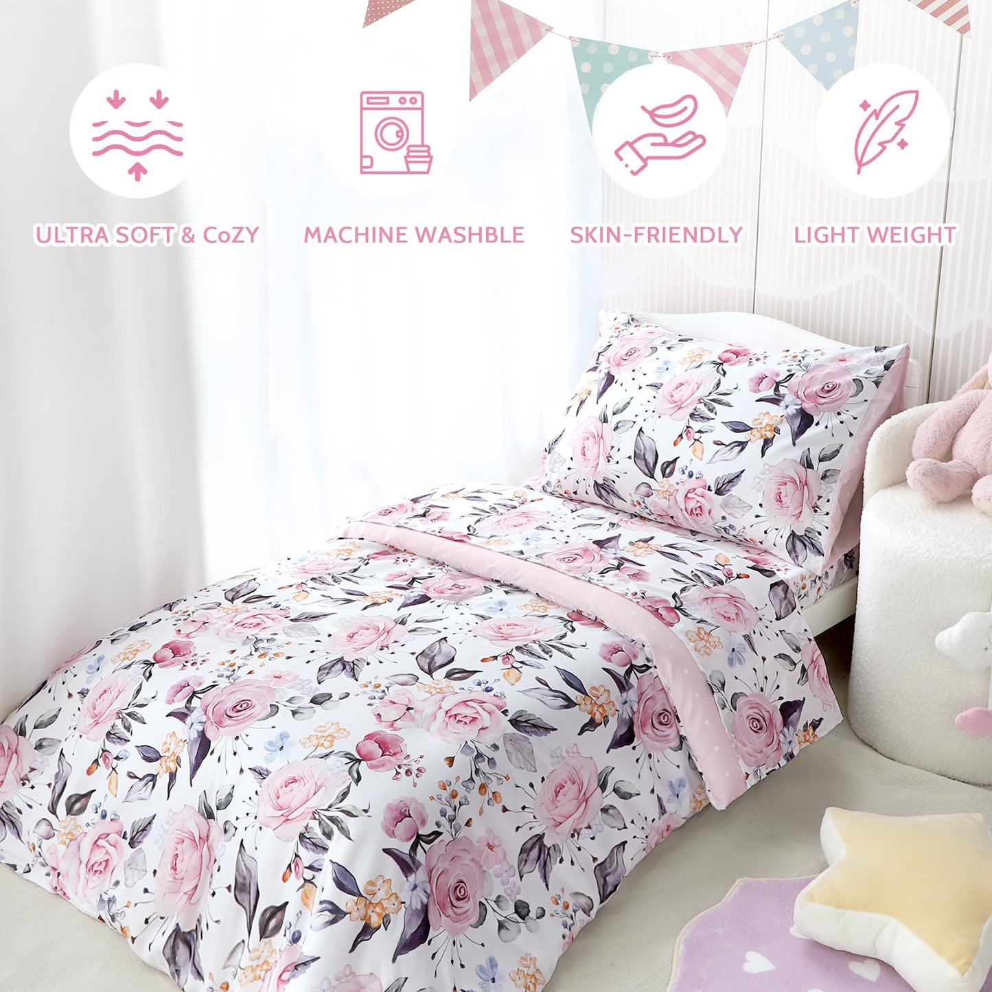 Pea Pod Toddler Bedding Set for Girls, 4 Piece Soft & Breathable Floral Crib Bedding Set, Bed-in-A-Bag Toddler Microfiber Sheet Set, Includes Comforter, Flat Sheet, Fitted Sheet, Pillowcase, Pink