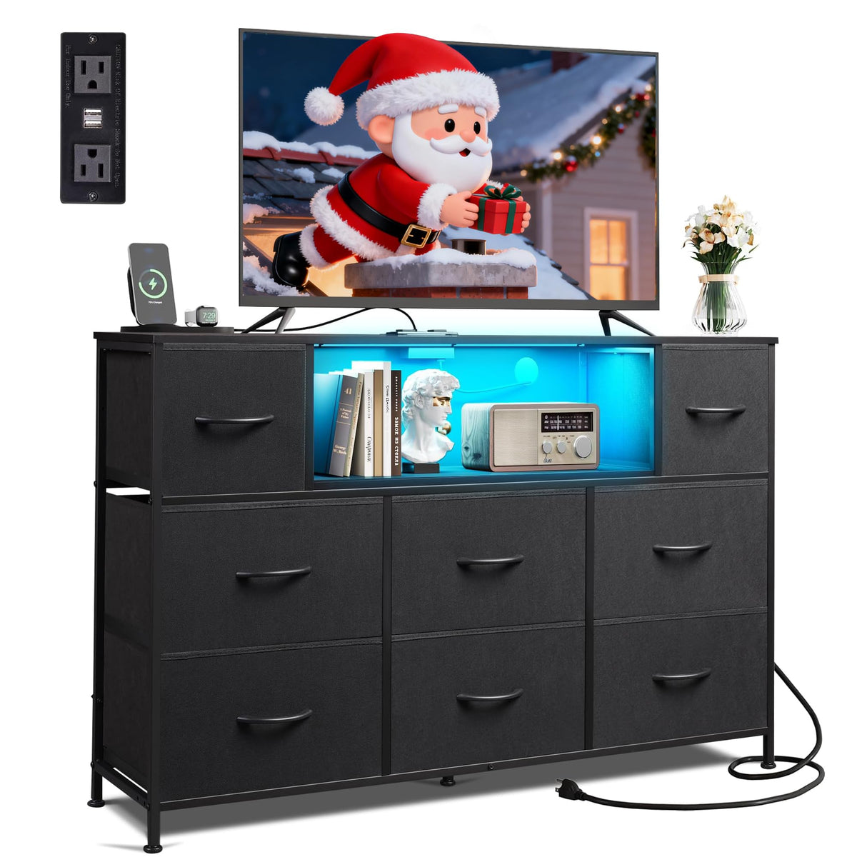 WLIVE Black Dresser TV Stand for 45, 50, 55 inch TV, Entertainment Center with LED Lights & Charging Station, Chest of Drawers with 8 Fabric Drawers and Open Shelves for Living Room, Hallway, Wood Top