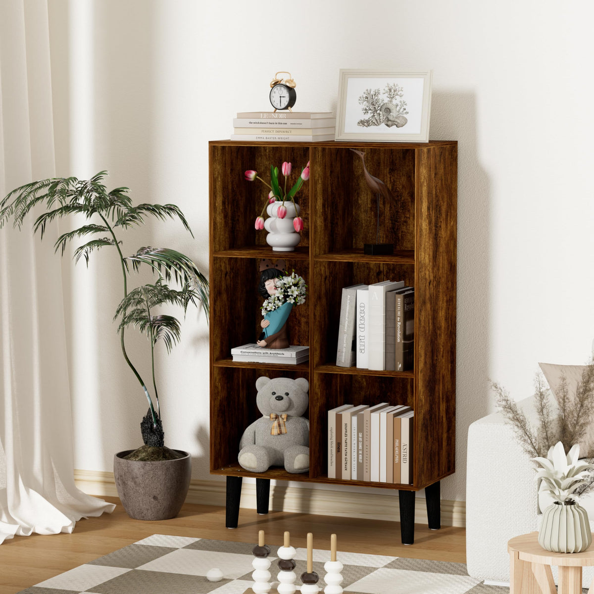 Nestwise 6 Cube Bookcase, Wooden Book Shelf Cube Storage Organizer with Legs, 3 Tier Bookshelf Freestanding Open Shelves for Bedroom, Living Room and Home Office (Brown, 6 Cube Vertical)