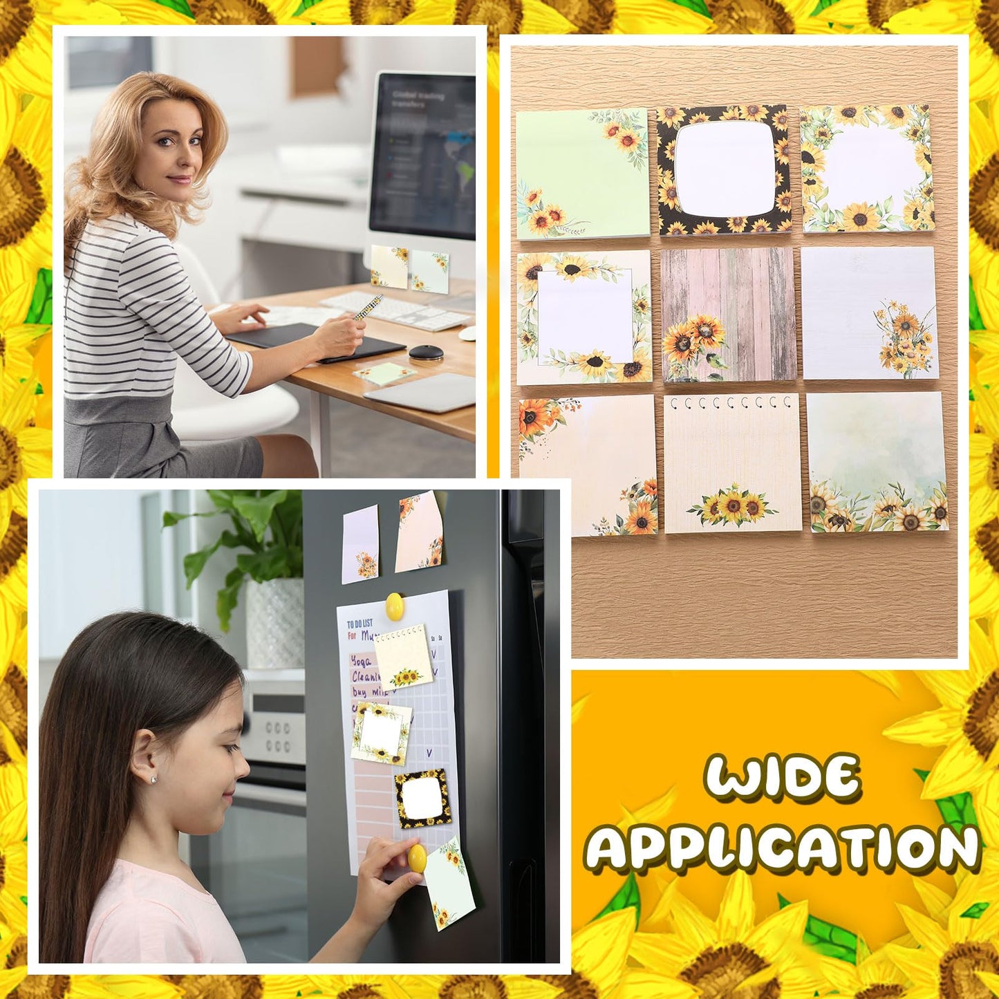 Saypacck 18 Pcs Sunflower Desk Accessories, 9 Pads Cute Sticky Notes, 9 Kawaii Pens, 3 x 3 Inches Notepads Memo Pad for Office Supplies Meeting Students School Decor Teacher Gifts