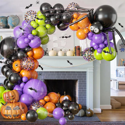 Halloween Balloon Garland Arch Kit with Big Spider DIY Balloons, 131 Pcs Black Orange Lime Green Purple Confetti Latex Balloons Arch with 3D Bats & Spider Web for Halloween Party Decorations Supplies