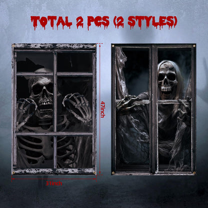 Newwiee 2 Pcs Scary Halloween Curtain Window Silhouette Cover Decoration Theme Poster for Indoor Outdoor Party Wall Door(Skull)